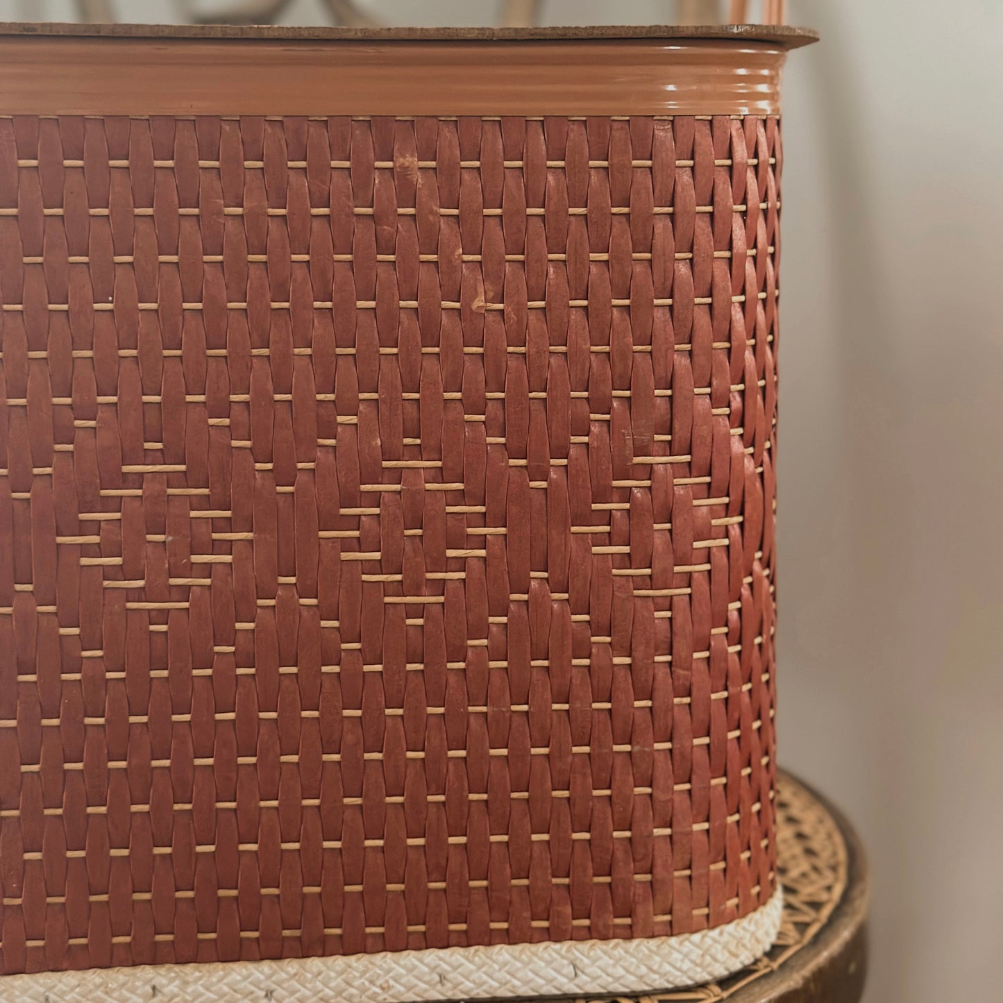 Vintage Redmon Woven Red-Brown Picnic Basket with Faux Wood Lid
