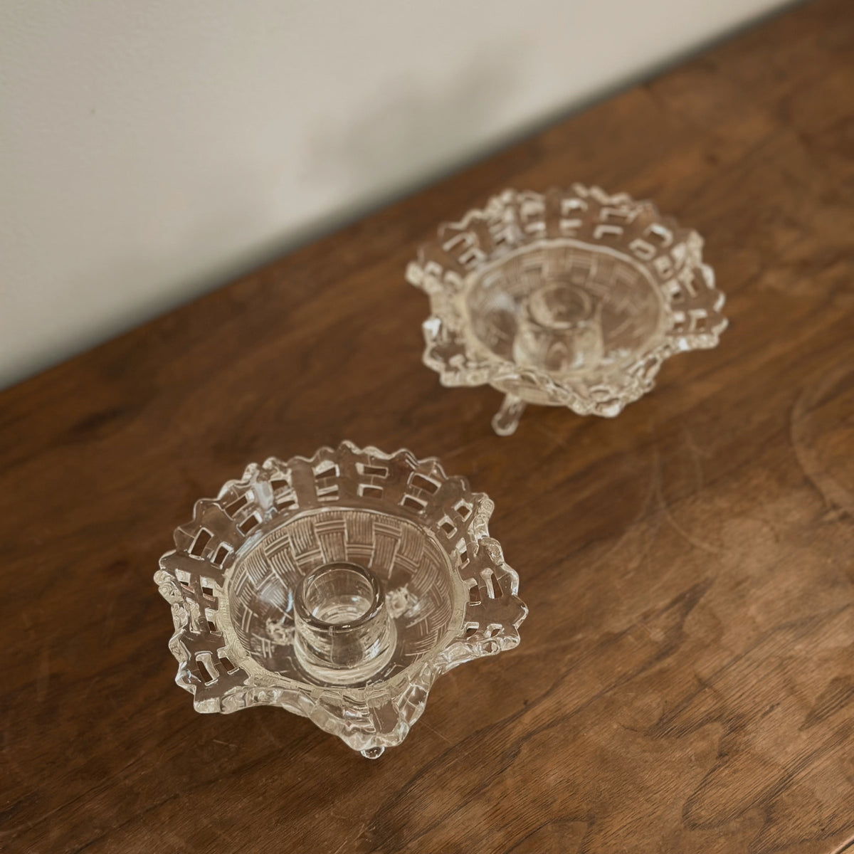 Pair of Imperial Glass Open Lace Candle Holders | Vintage