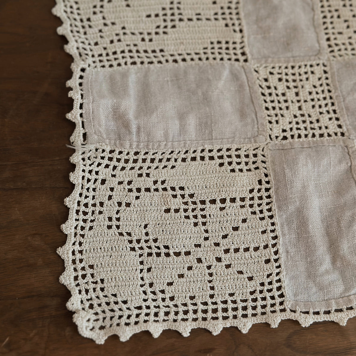 Handmade Filet Crochet & Linen Square Doily | Vintage