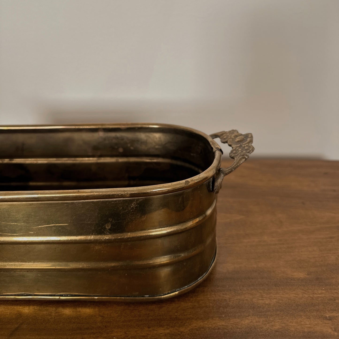 Brass Oval Planter with Floral Handle Detail