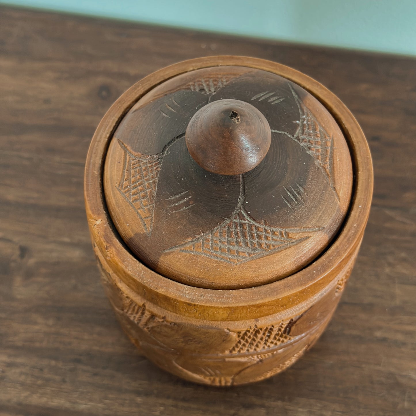 Vintage Chip-Carved Wooden Lidded Jar