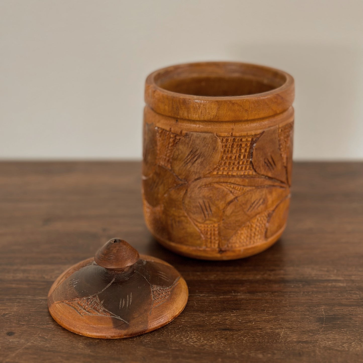 Vintage Chip-Carved Wooden Lidded Jar