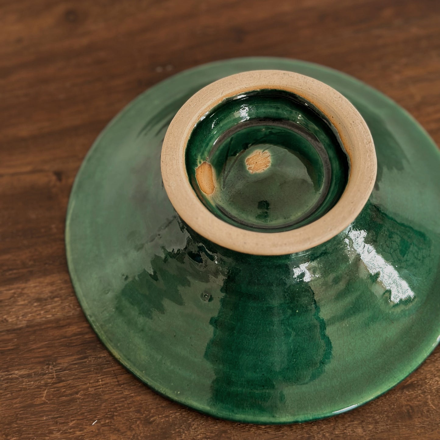 Mid-Century Style Emerald Green Stoneware Pedestal Bowl