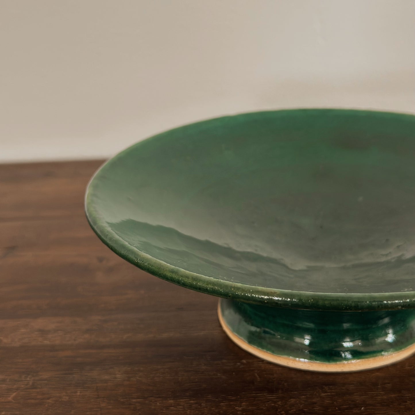 Mid-Century Style Emerald Green Stoneware Pedestal Bowl