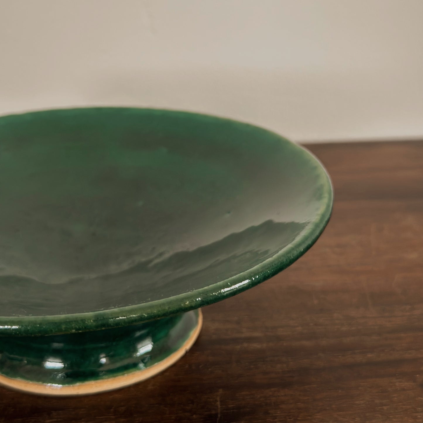 Mid-Century Style Emerald Green Stoneware Pedestal Bowl