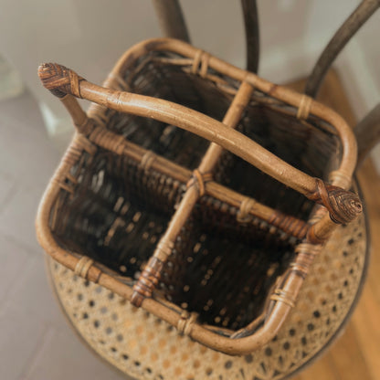 Vintage Woven Willow 4-Bottle Wine Caddy Carrier with Bentwood Handle