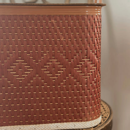 Vintage Redmon Woven Red-Brown Picnic Basket with Faux Wood Lid