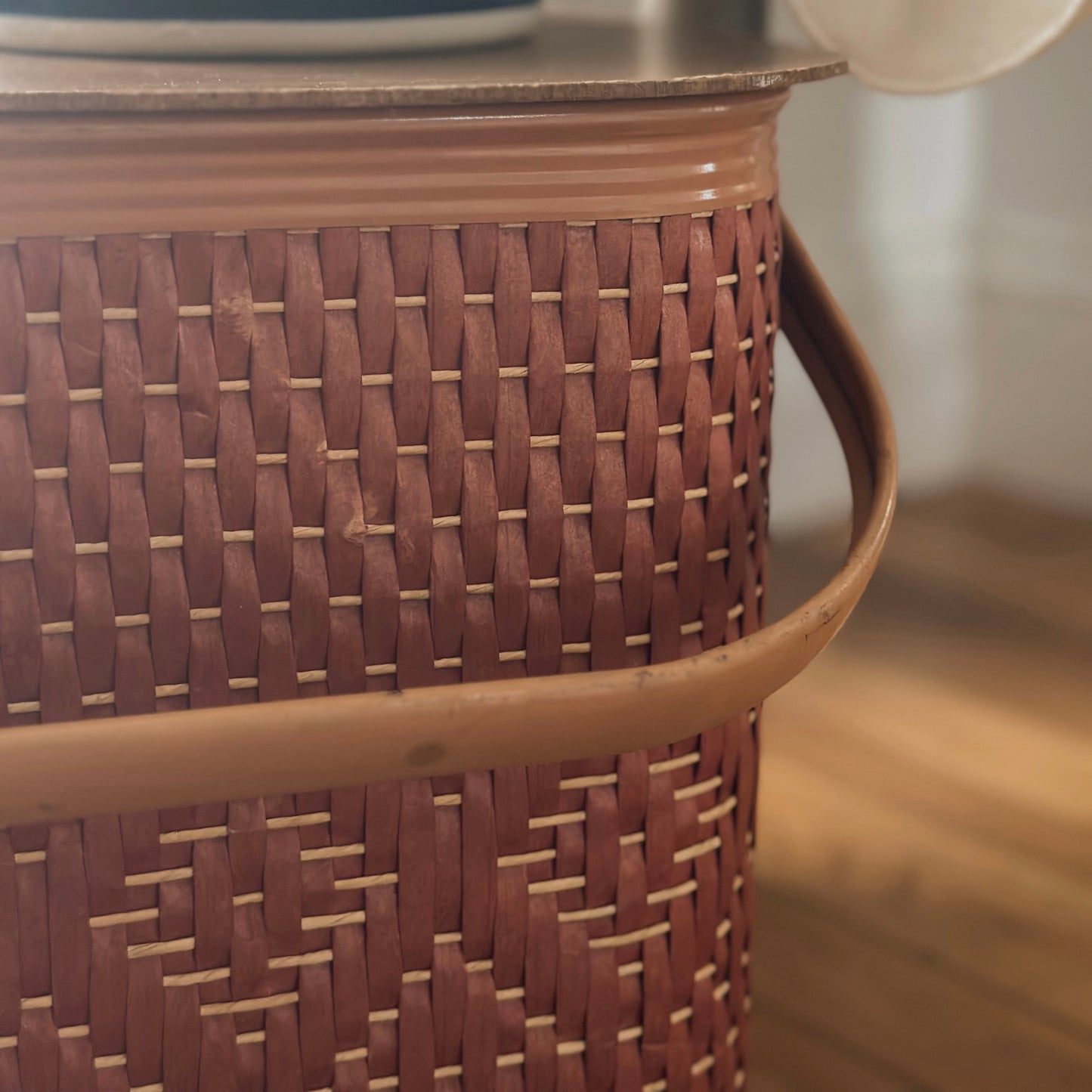 Vintage Redmon Woven Red-Brown Picnic Basket with Faux Wood Lid