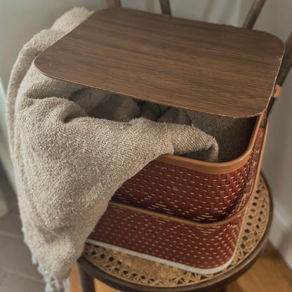 Vintage Redmon Woven Red-Brown Picnic Basket with Faux Wood Lid