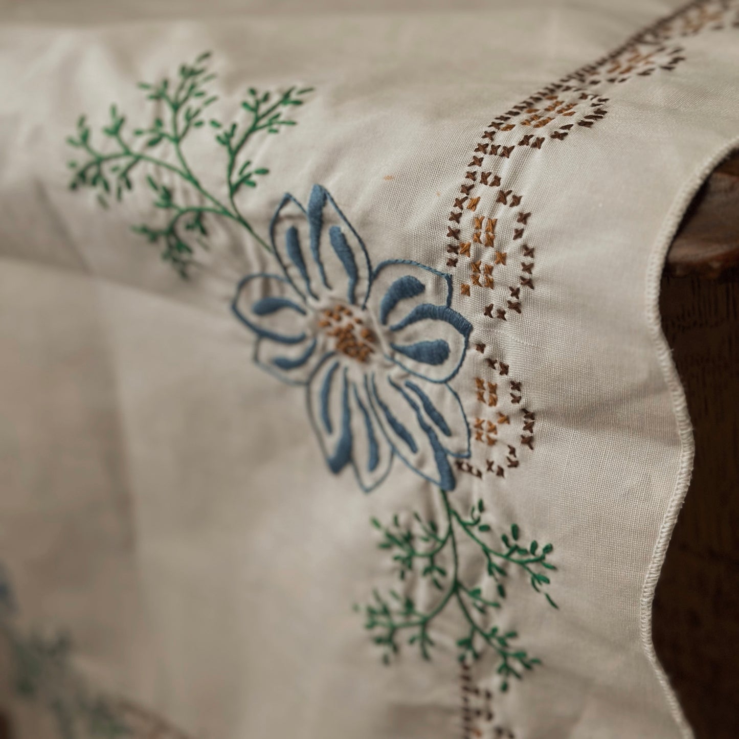 Vintage Hand-Embroidered Floral Scalloped Table Runner