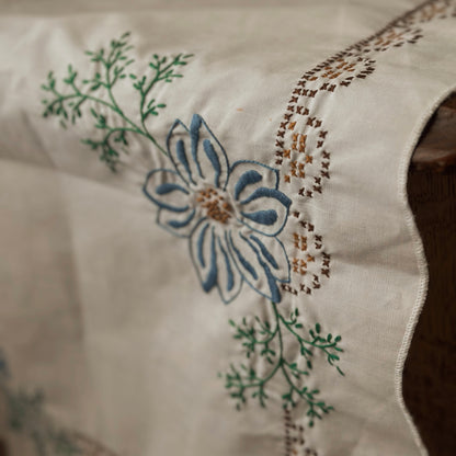 Vintage Hand-Embroidered Floral Scalloped Table Runner