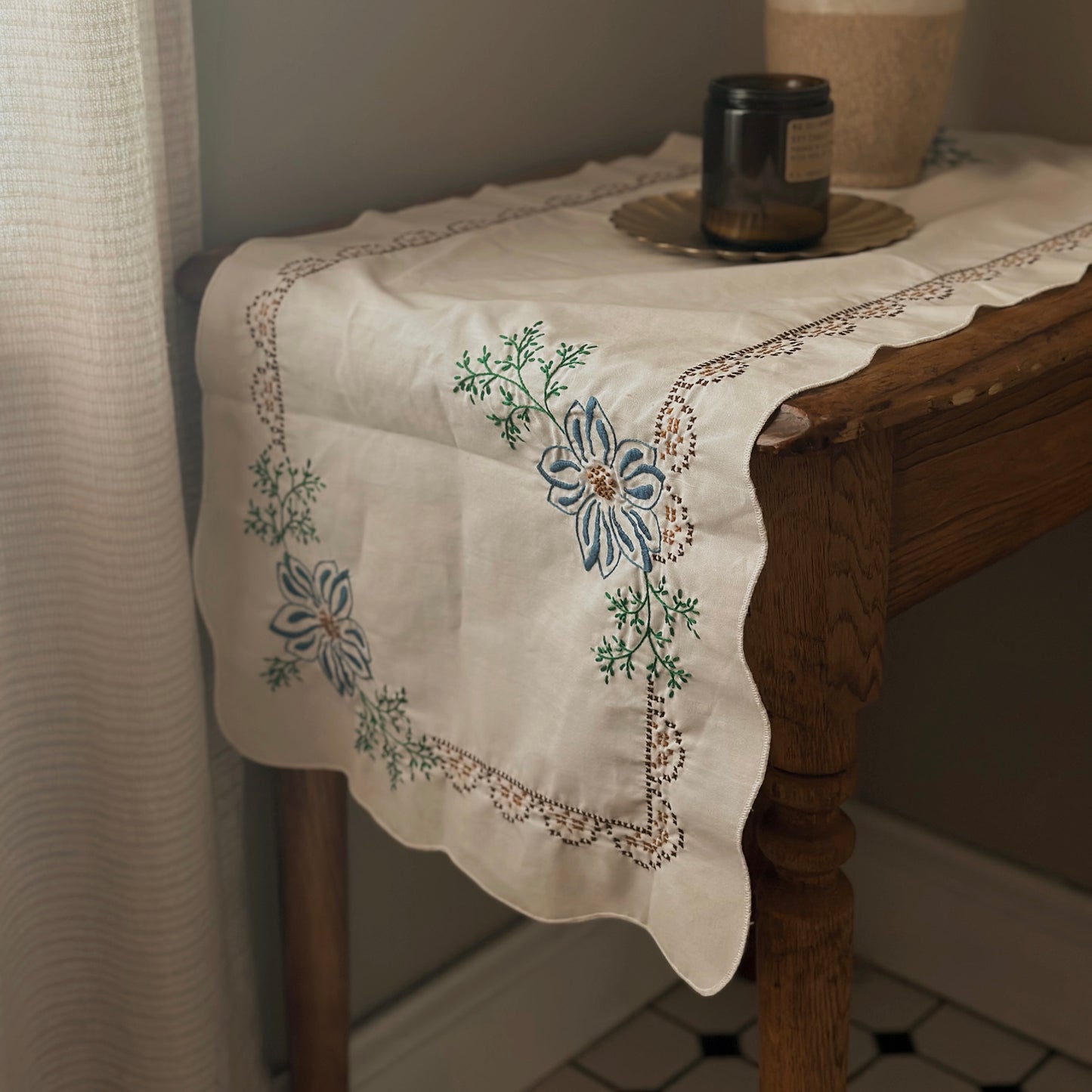 Vintage Hand-Embroidered Floral Scalloped Table Runner