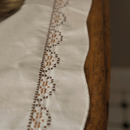 Vintage Hand-Embroidered Floral Scalloped Table Runner