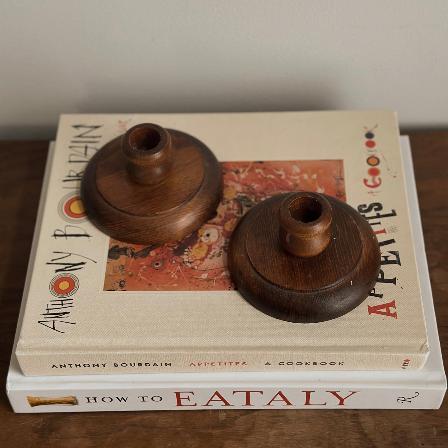 Vintage Low-Profile Turned Wood Taper Candlestick Holders – Pair