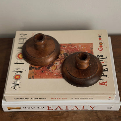 Vintage Low-Profile Turned Wood Taper Candlestick Holders – Pair