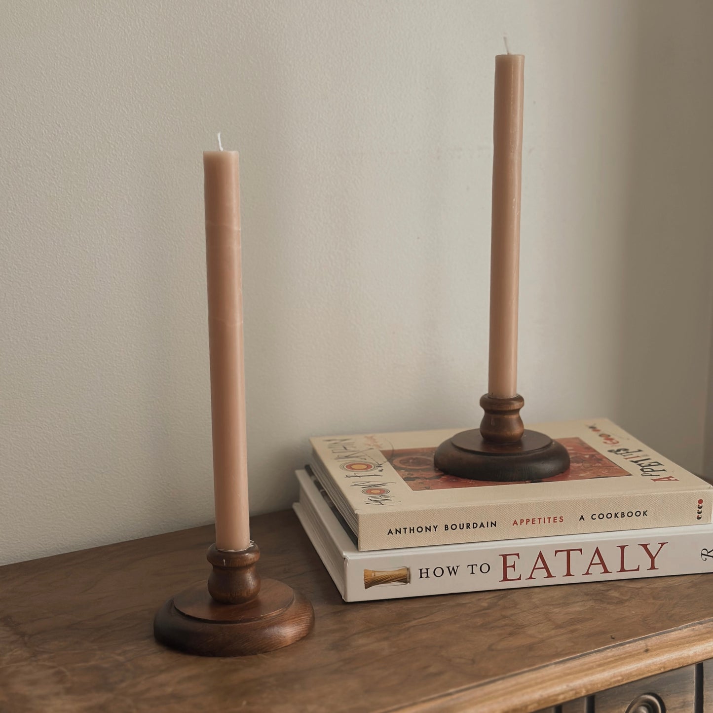 Vintage Low-Profile Turned Wood Taper Candlestick Holders – Pair