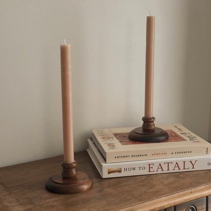 Vintage Low-Profile Turned Wood Taper Candlestick Holders – Pair