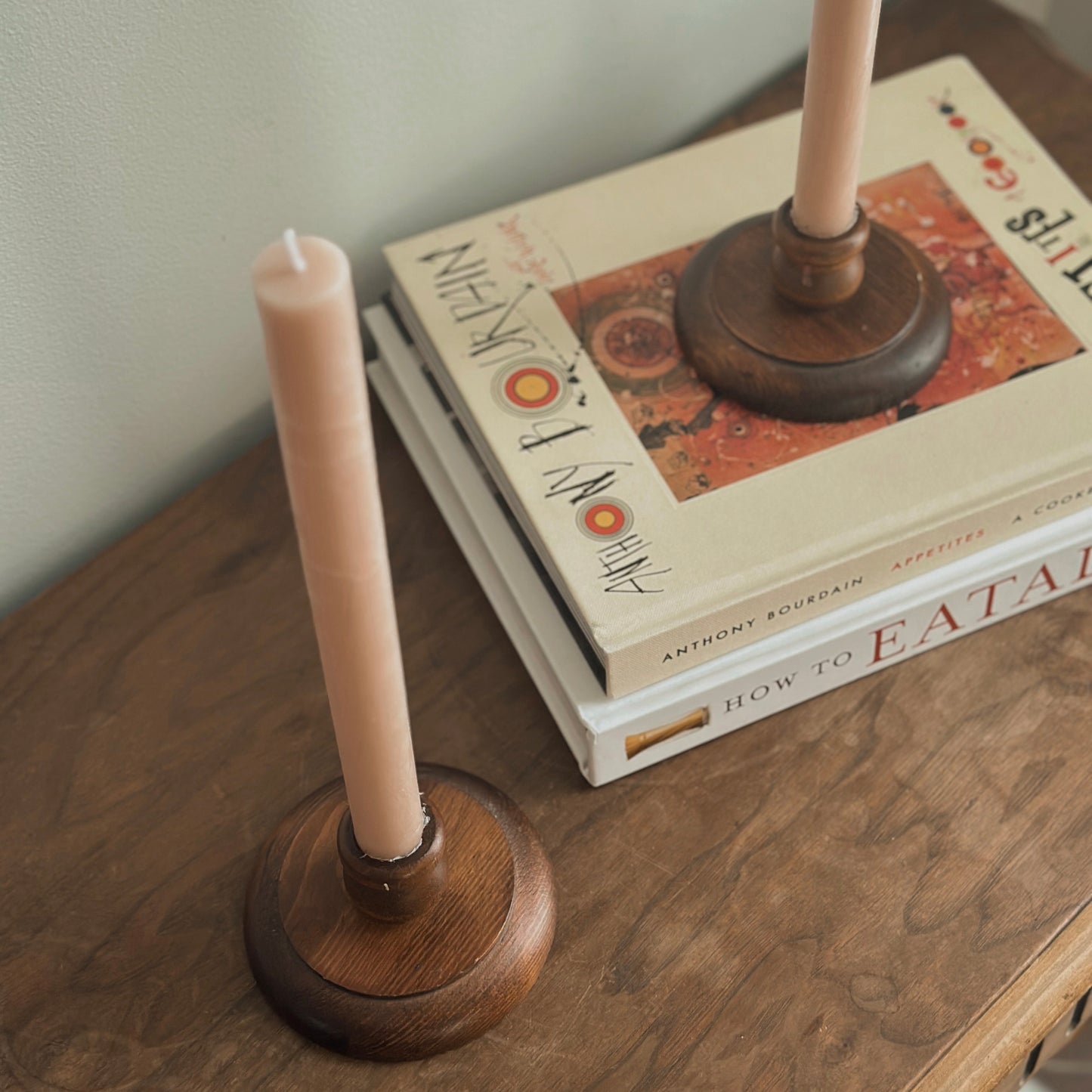 Vintage Low-Profile Turned Wood Taper Candlestick Holders – Pair