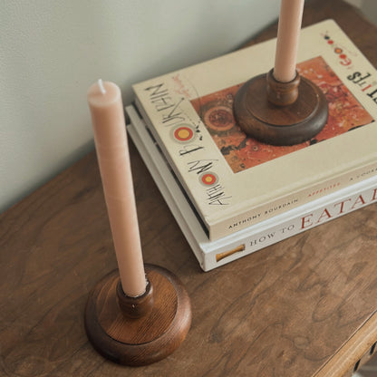 Vintage Low-Profile Turned Wood Taper Candlestick Holders – Pair