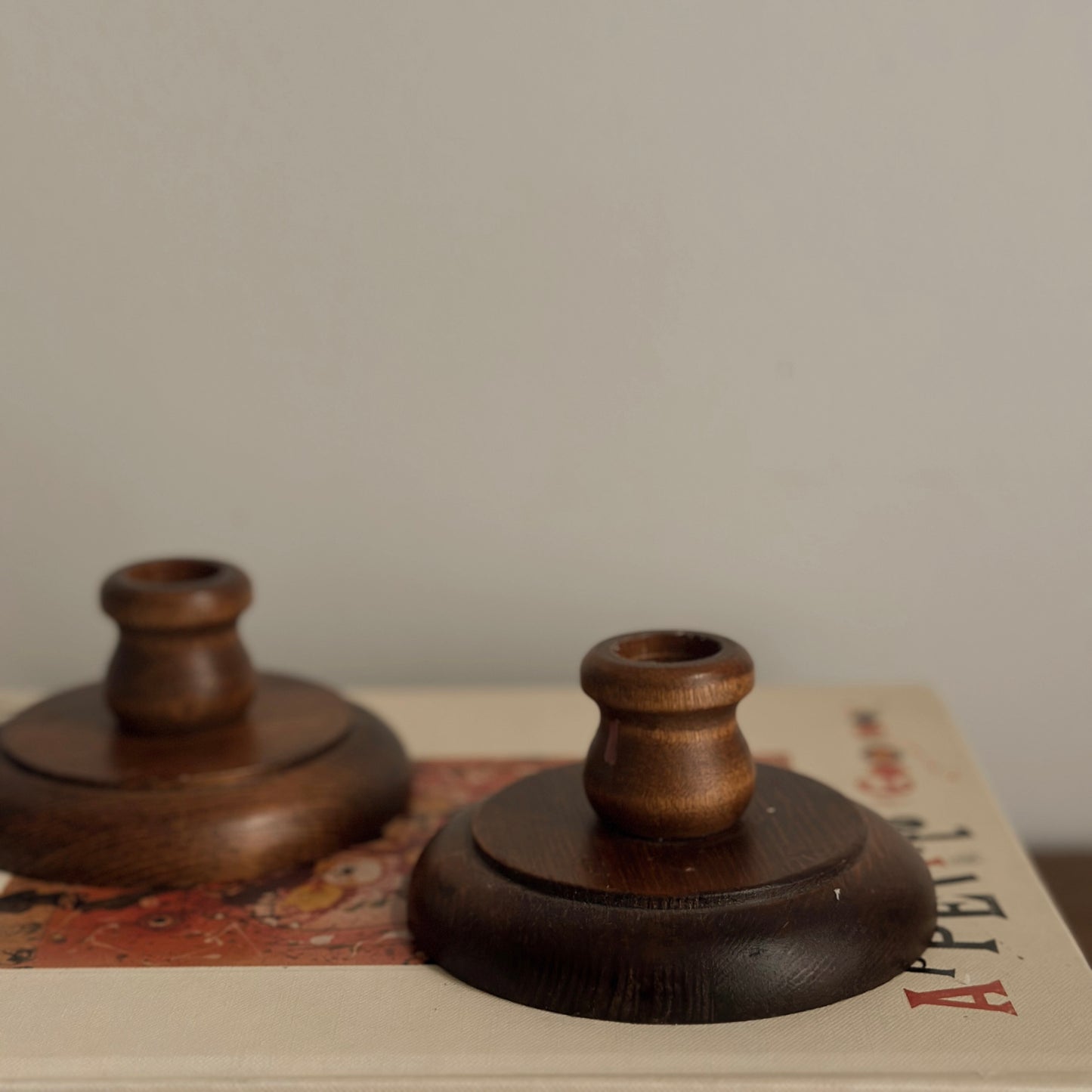 Vintage Low-Profile Turned Wood Taper Candlestick Holders – Pair