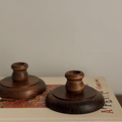 Vintage Low-Profile Turned Wood Taper Candlestick Holders – Pair