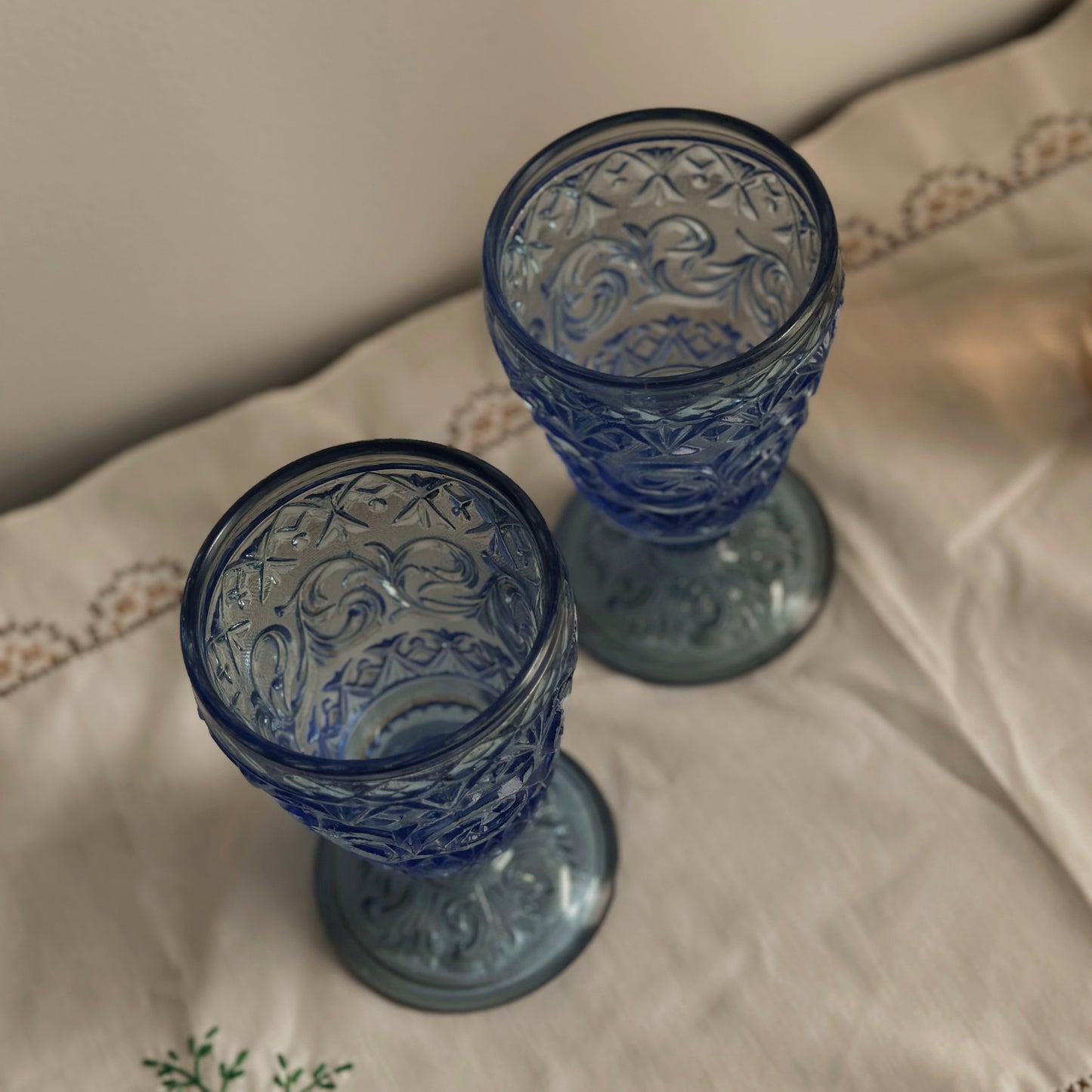 Vintage Blue Pressed Glass Scroll Footed Goblets – Pair