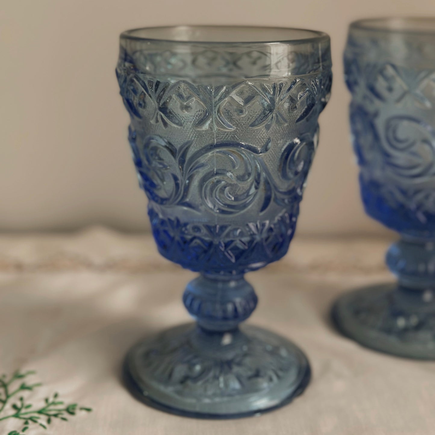 Vintage Blue Pressed Glass Scroll Footed Goblets – Pair