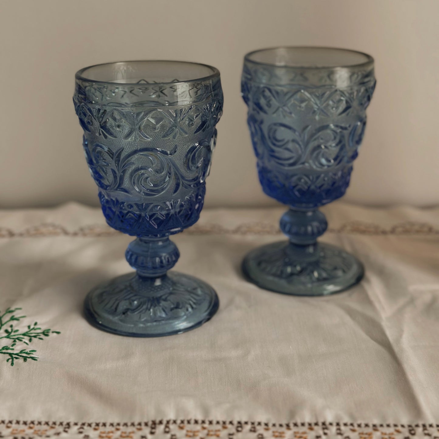Vintage Blue Pressed Glass Scroll Footed Goblets – Pair