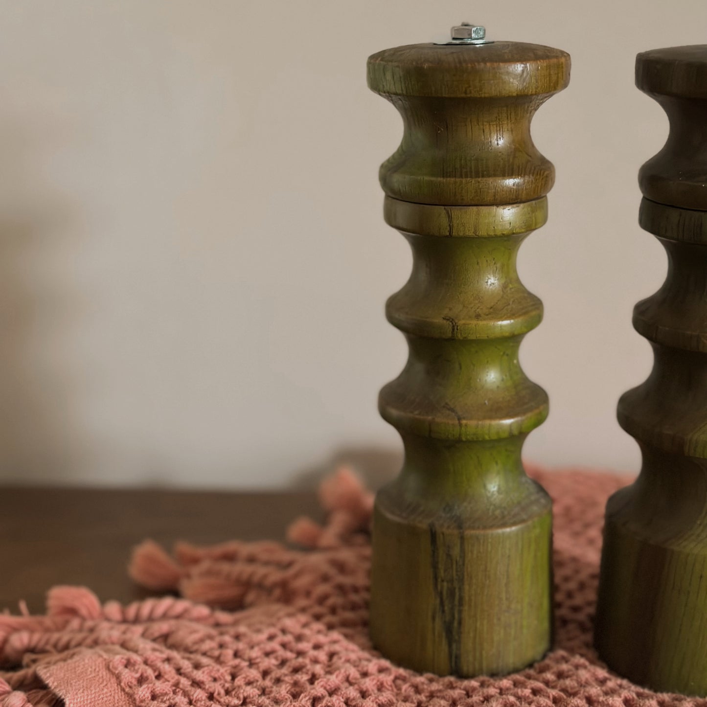 Olive Green Spindle-Turned Wood Salt Shaker & Pepper Mill Set | Vintage