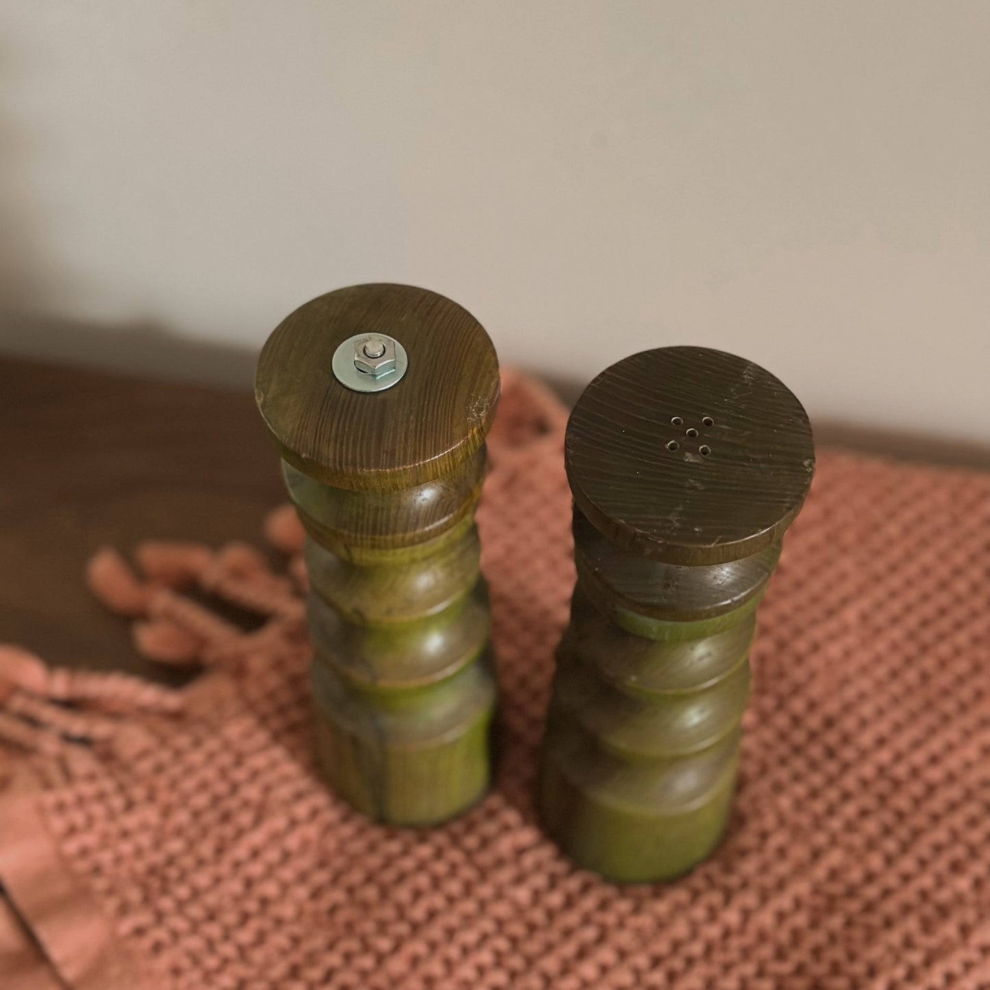 Olive Green Spindle-Turned Wood Salt Shaker & Pepper Mill Set | Vintage