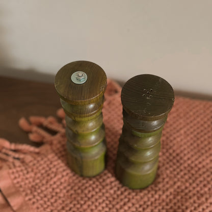 Olive Green Spindle-Turned Wood Salt Shaker & Pepper Mill Set | Vintage