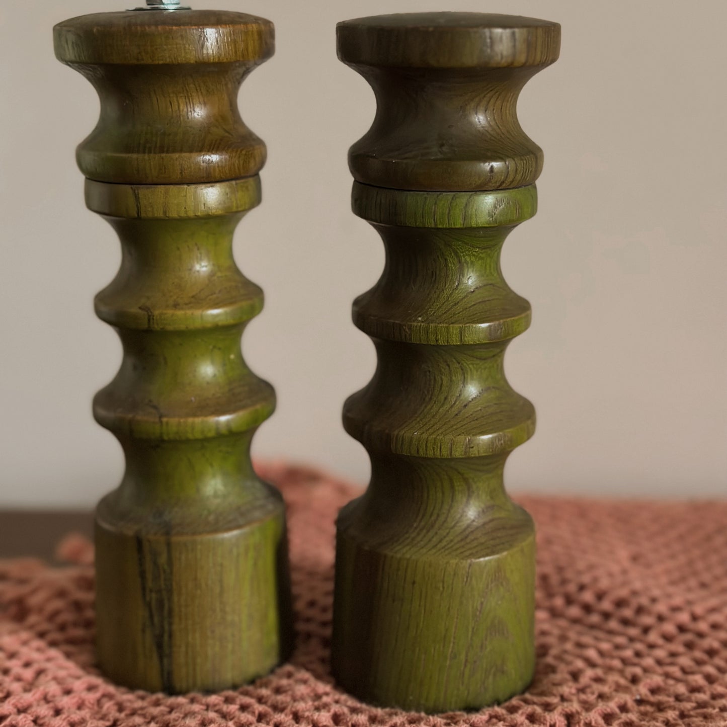 Olive Green Spindle-Turned Wood Salt Shaker & Pepper Mill Set | Vintage