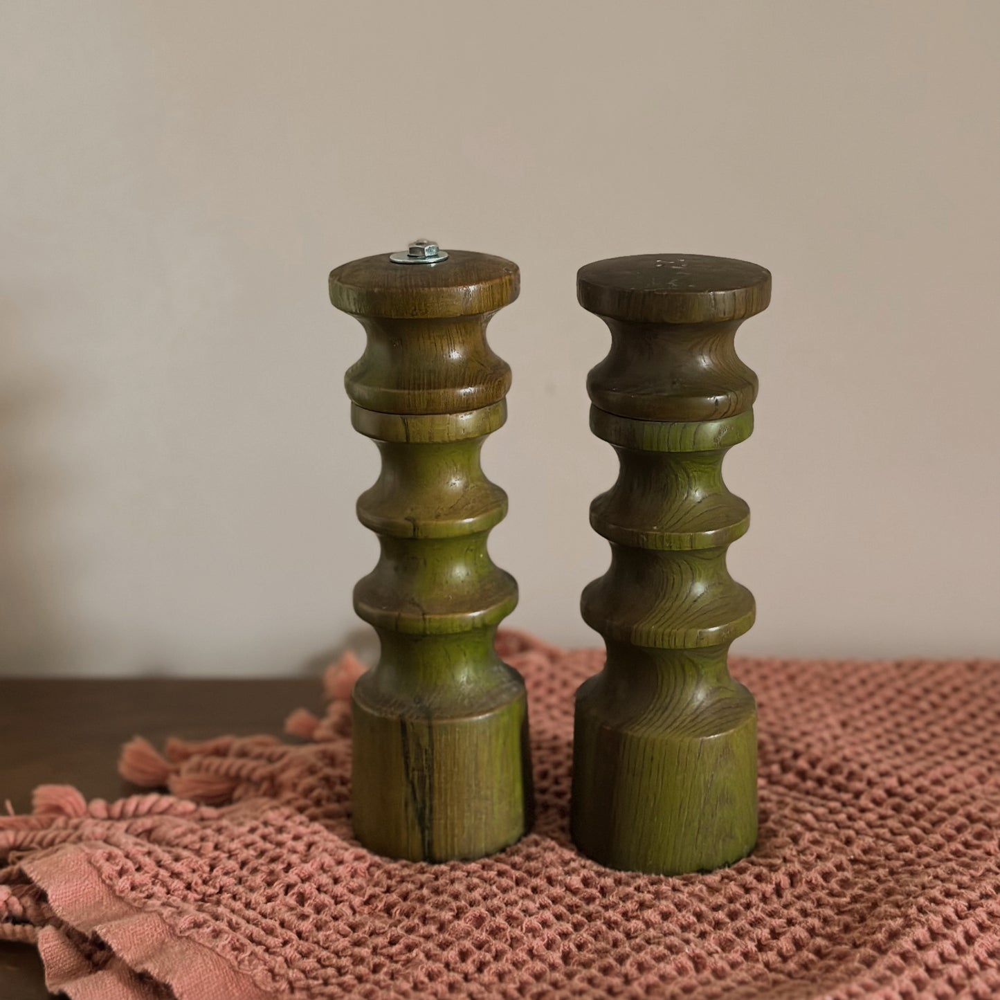 Olive Green Spindle-Turned Wood Salt Shaker & Pepper Mill Set | Vintage