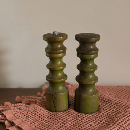 Olive Green Spindle-Turned Wood Salt Shaker & Pepper Mill Set | Vintage