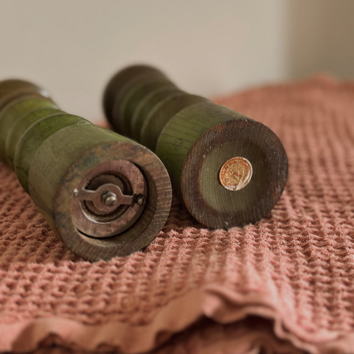 Olive Green Spindle-Turned Wood Salt Shaker & Pepper Mill Set | Vintage