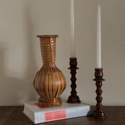 Woven Split Bamboo & Cane Sculptural Baluster Vase | Vintage