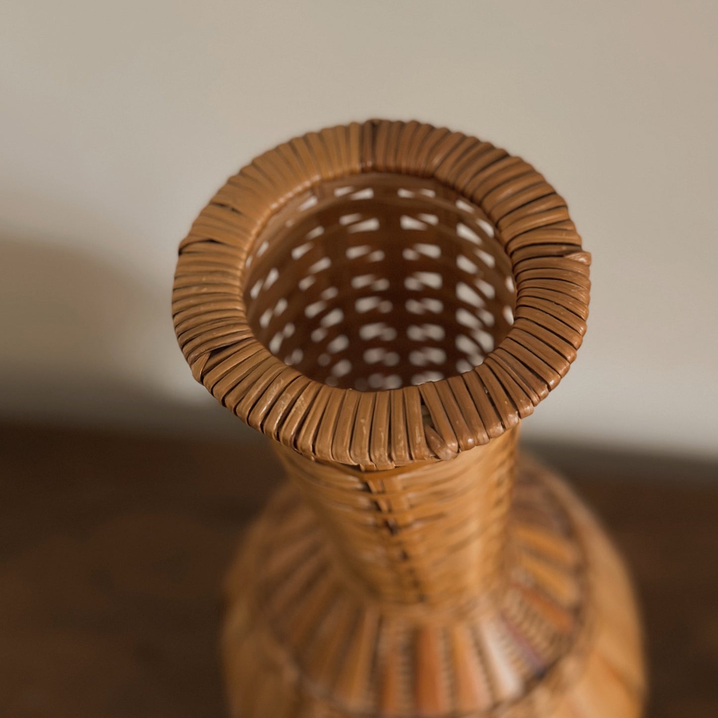 Woven Split Bamboo & Cane Sculptural Baluster Vase | Vintage