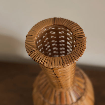 Woven Split Bamboo & Cane Sculptural Baluster Vase | Vintage