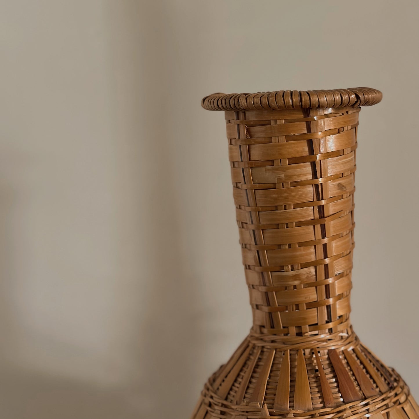 Woven Split Bamboo & Cane Sculptural Baluster Vase | Vintage