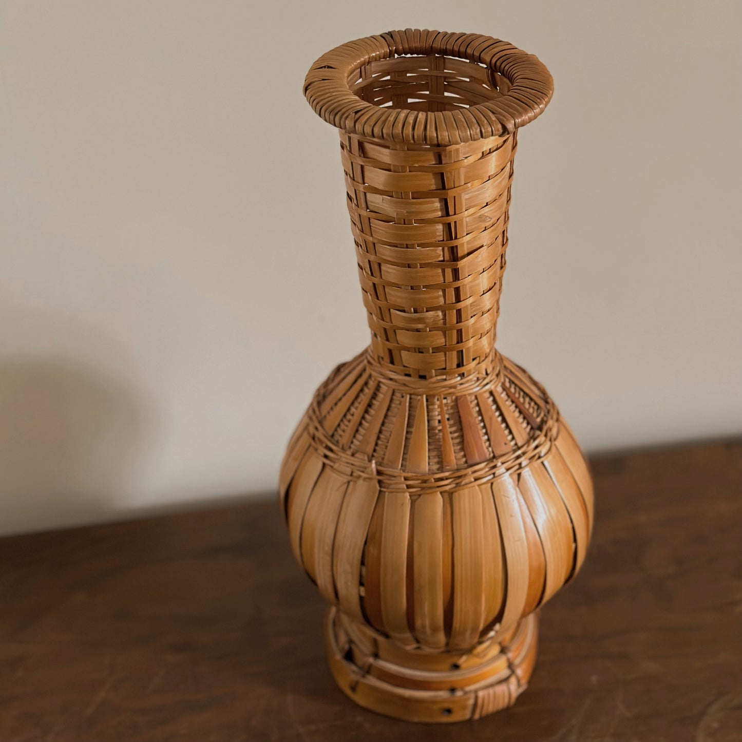 Woven Split Bamboo & Cane Sculptural Baluster Vase | Vintage