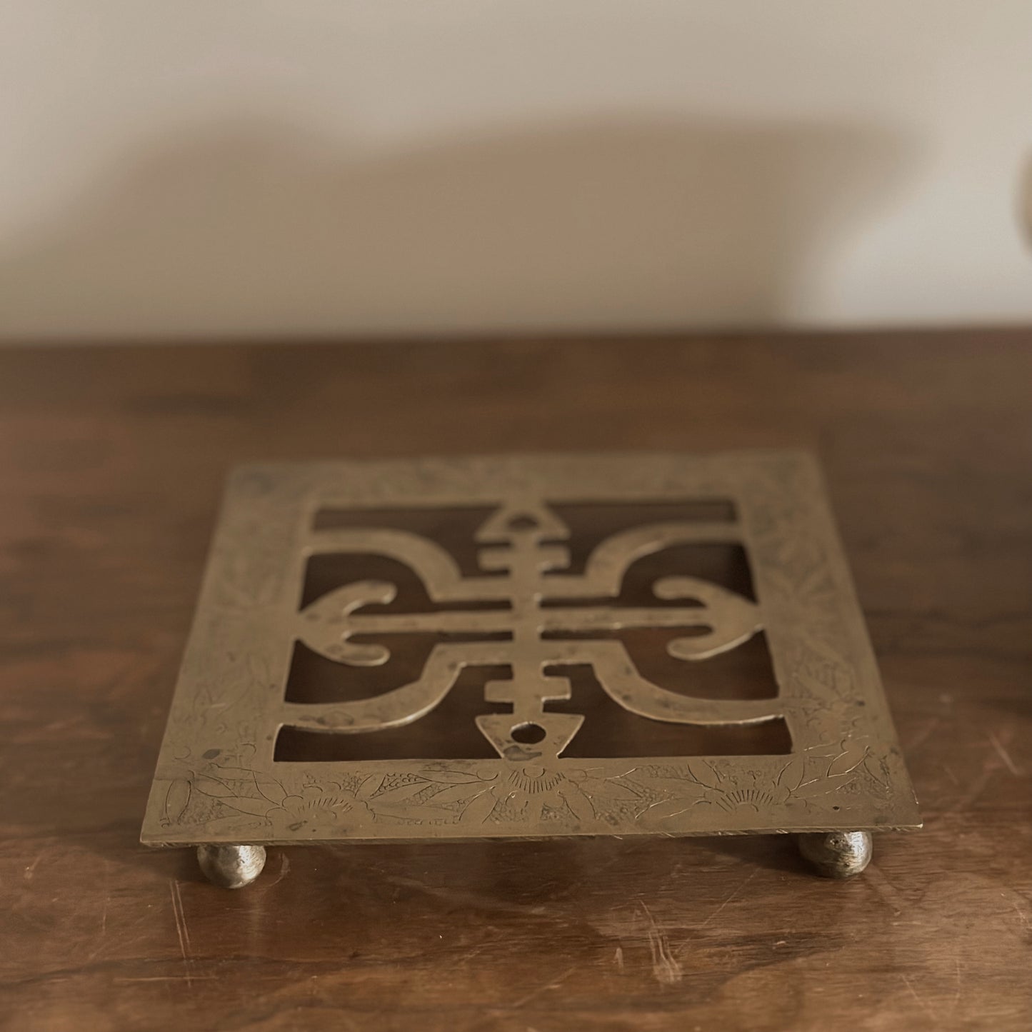 Etched Brass Openwork Square Footed Trivet | Vintage