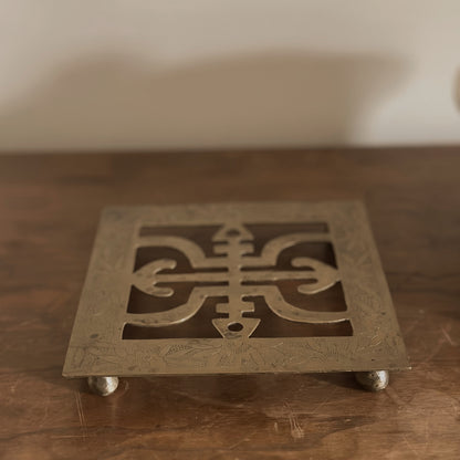 Etched Brass Openwork Square Footed Trivet | Vintage