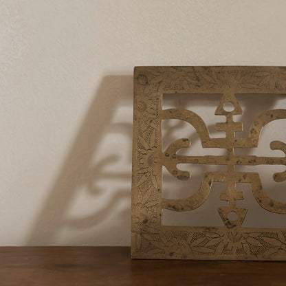 Etched Brass Openwork Square Footed Trivet | Vintage