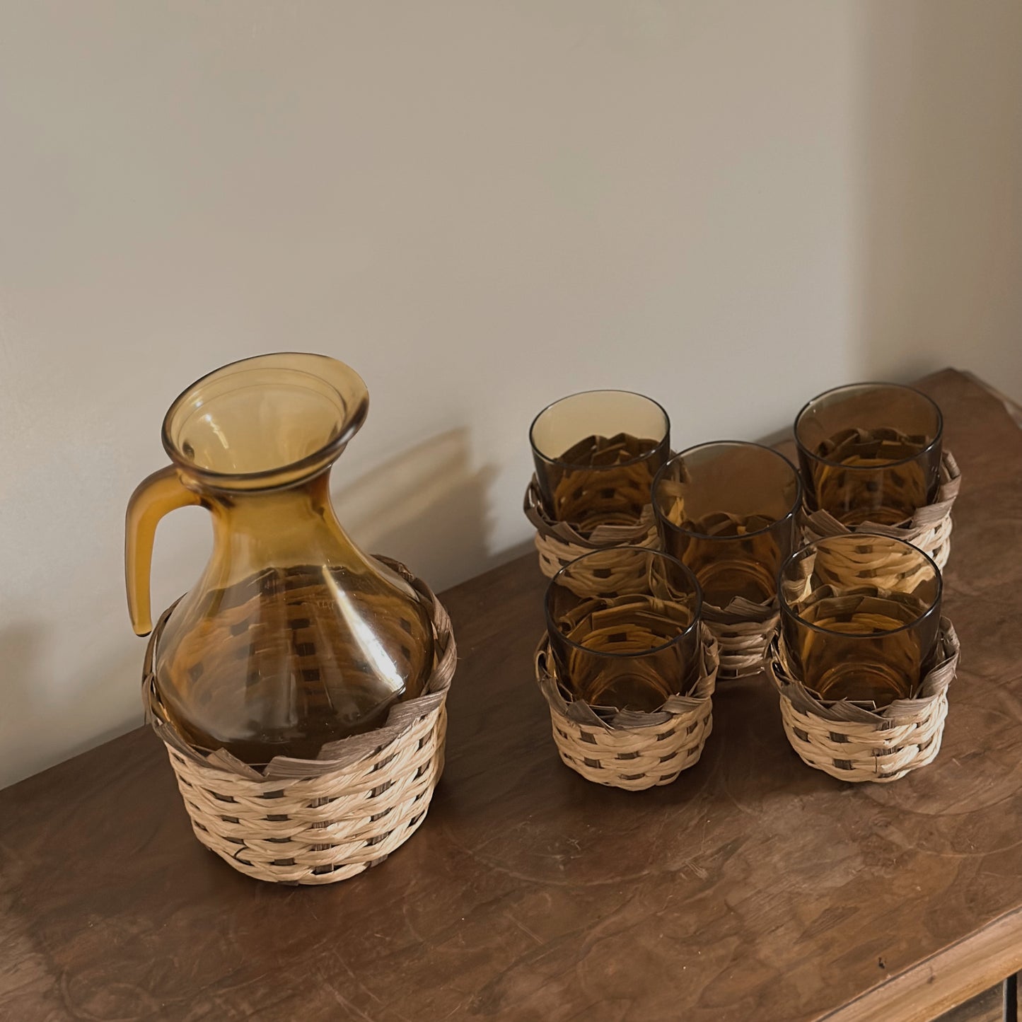 Amber Glass Pitcher & Tumbler Beverage Set with Wicker Sleeves | 6 Piece Set | Vintage