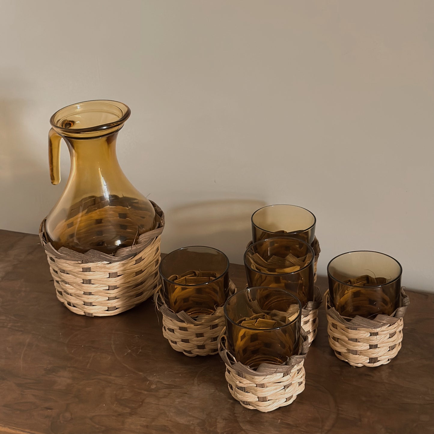 Amber Glass Pitcher & Tumbler Beverage Set with Wicker Sleeves | 6 Piece Set | Vintage