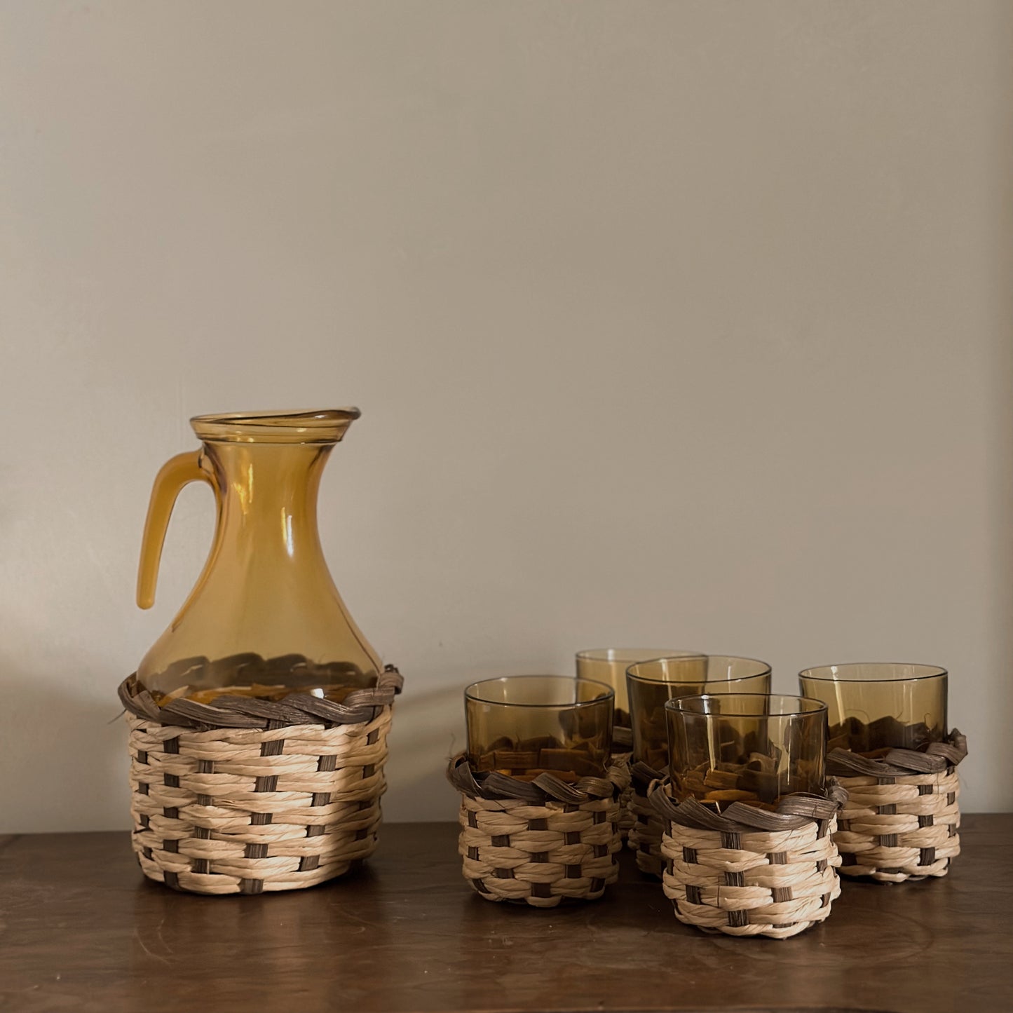 Amber Glass Pitcher & Tumbler Beverage Set with Wicker Sleeves | 6 Piece Set | Vintage
