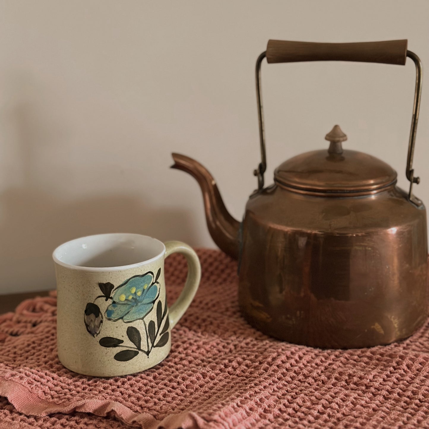 Hand-Painted Blue Floral Speckled Stoneware Mug | Vintage