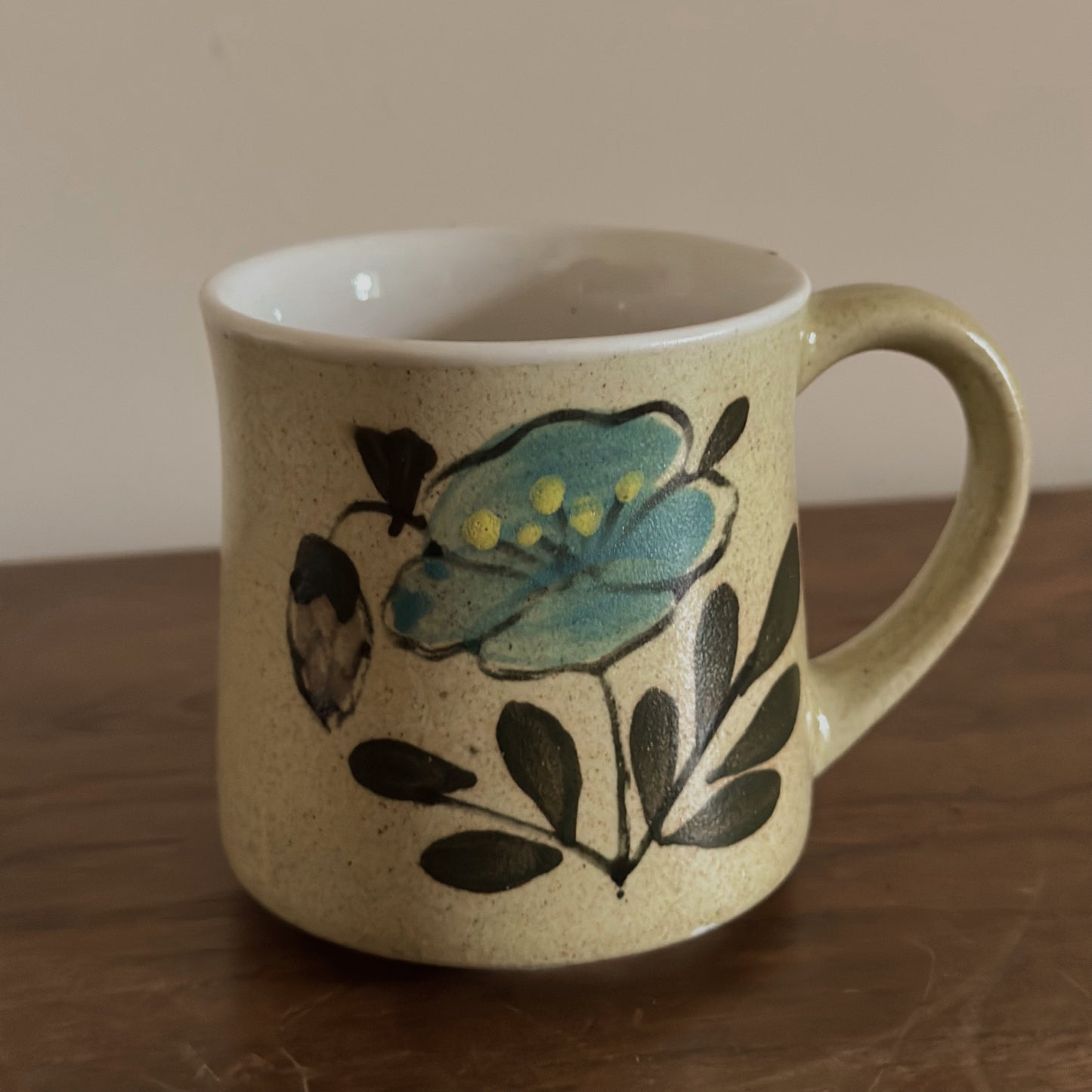 Hand-Painted Blue Floral Speckled Stoneware Mug | Vintage