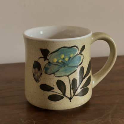 Hand-Painted Blue Floral Speckled Stoneware Mug | Vintage