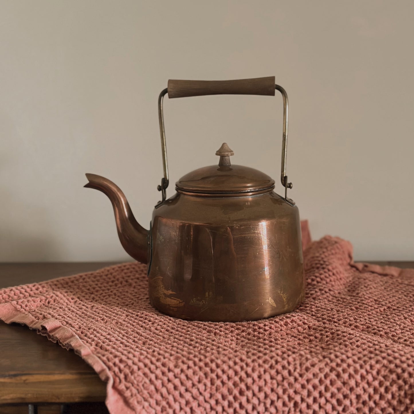 Portuguese Solid Copper Tea Kettle with Wood Handle | Vintage